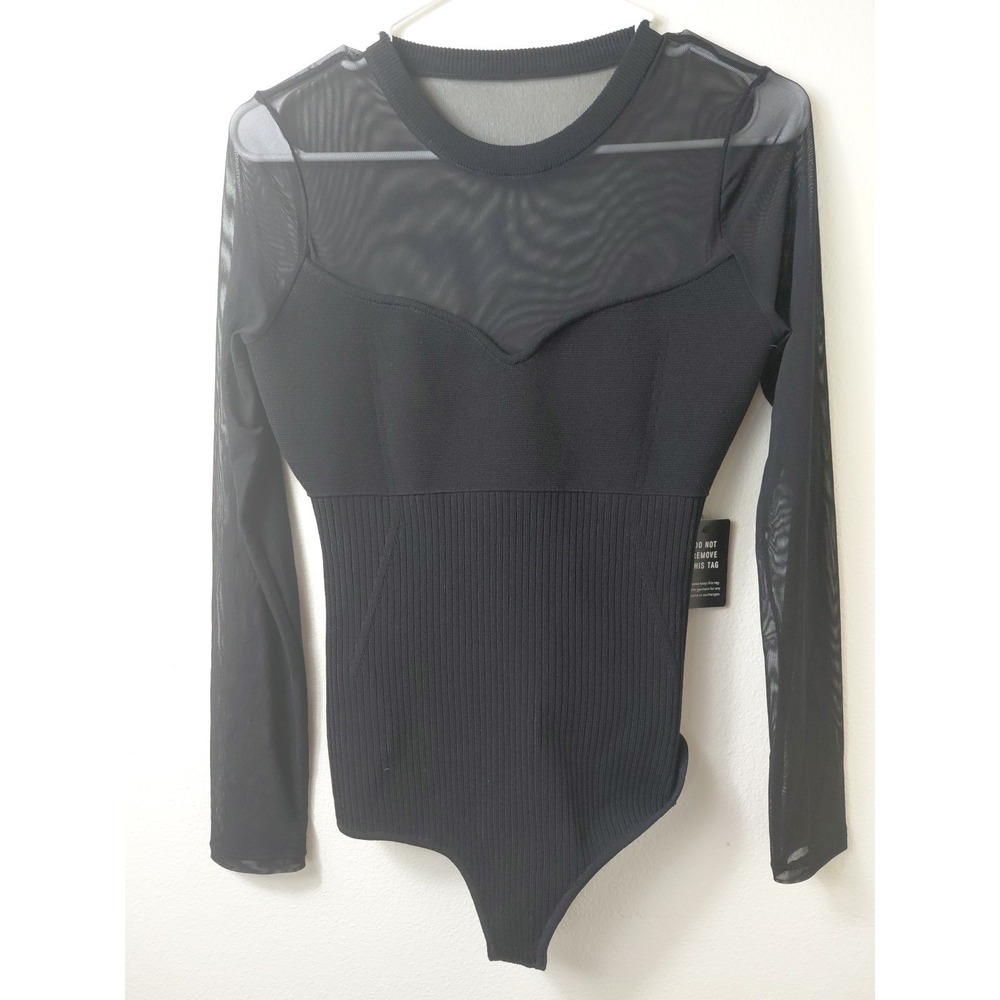 NWT Express Black Rib Knit Sweater / Square Neck Sheer Bodysuit Sz Small Org $80